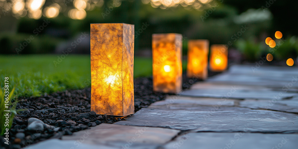 Poster glowing paper lanterns line tranquil garden path at night, creating serene and inviting atmosphere. 