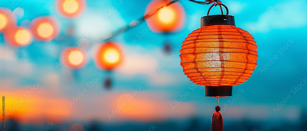 Aufkleber glowing paper lanterns illuminate tranquil night garden, creating serene and enchanting atmosphere. 