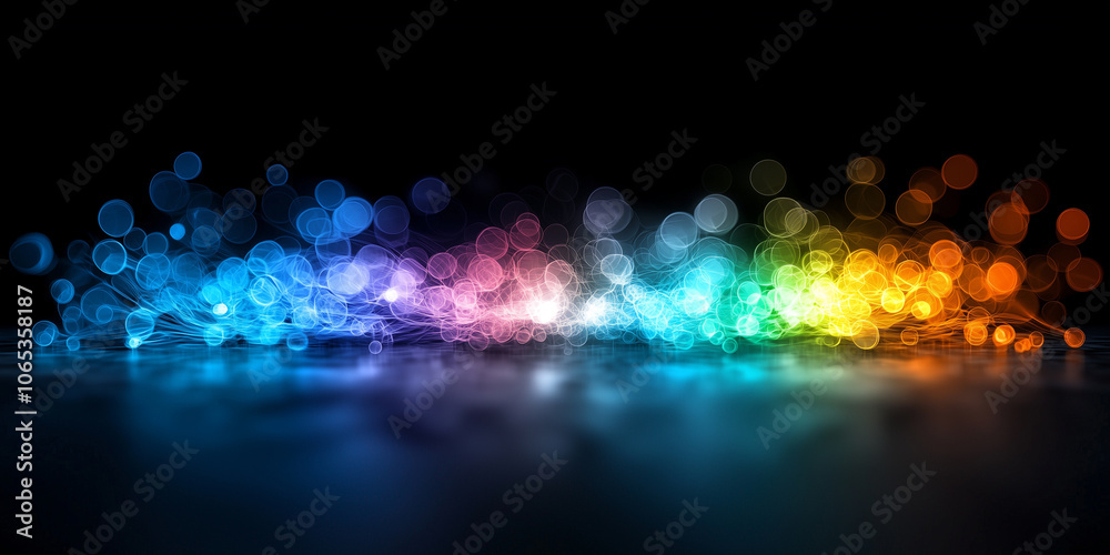Poster Glowing rainbow colored bubbles float in dark space, creating vibrant and mesmerizing display of light and color