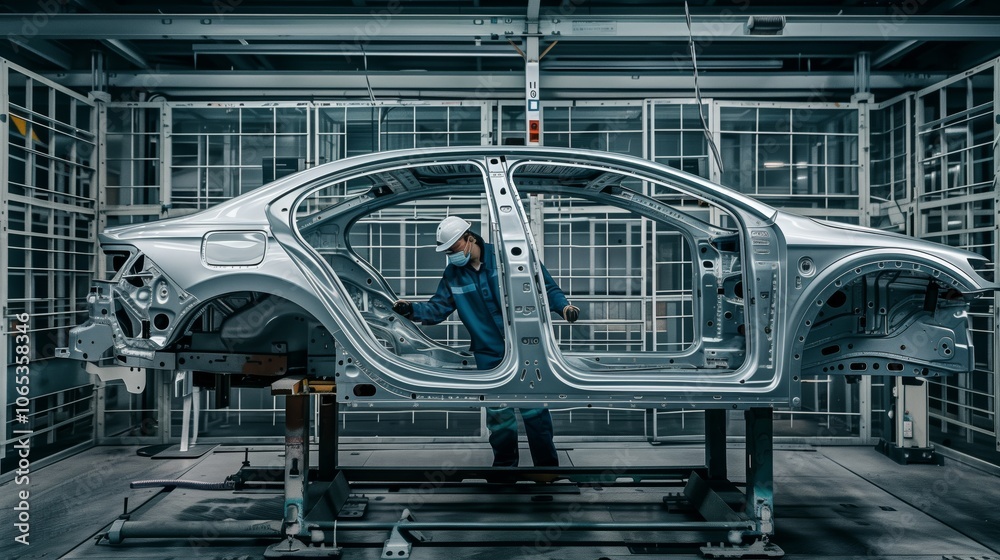 Aufkleber factory worker in protective gear inspects car frame on assembly line. image shows industrial enviro