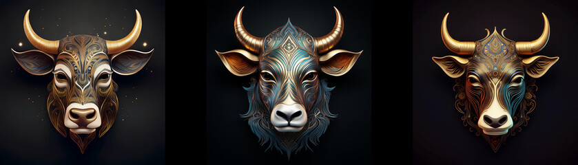 Obraz premium Three bull masks isolated against a black background, each with different colored patterns.
