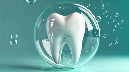 White tooth in a protective bubble on a green background. Oral hygiene.