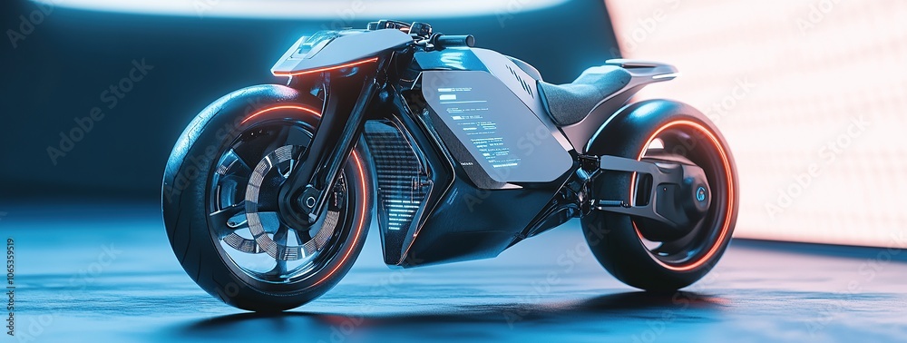 Poster 3d rendering of an electric motorcycle with data visualization elements in the background
