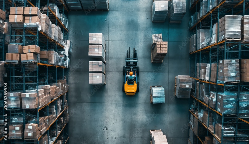 Poster Aerial view of a warehouse showing a forklift moving pallets between densely packed shelves. The scene captures the organized storage and efficient operations of a modern distribution center.