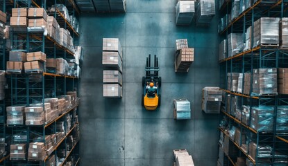 Aerial view of a warehouse showing a forklift moving pallets between densely packed shelves. The scene captures the organized storage and efficient operations of a modern distribution center.