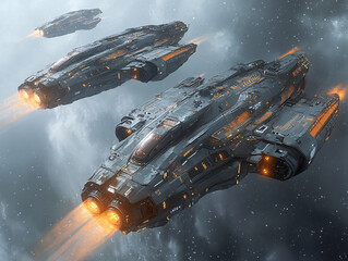 Naklejka premium spacecraft flying through a cloudy sky, with the central ship emitting a powerful blue energy blast.