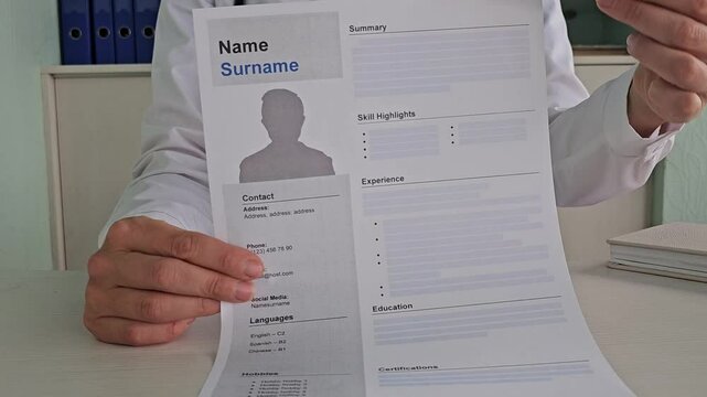 Doctor in uniform holding resume for job hiring 