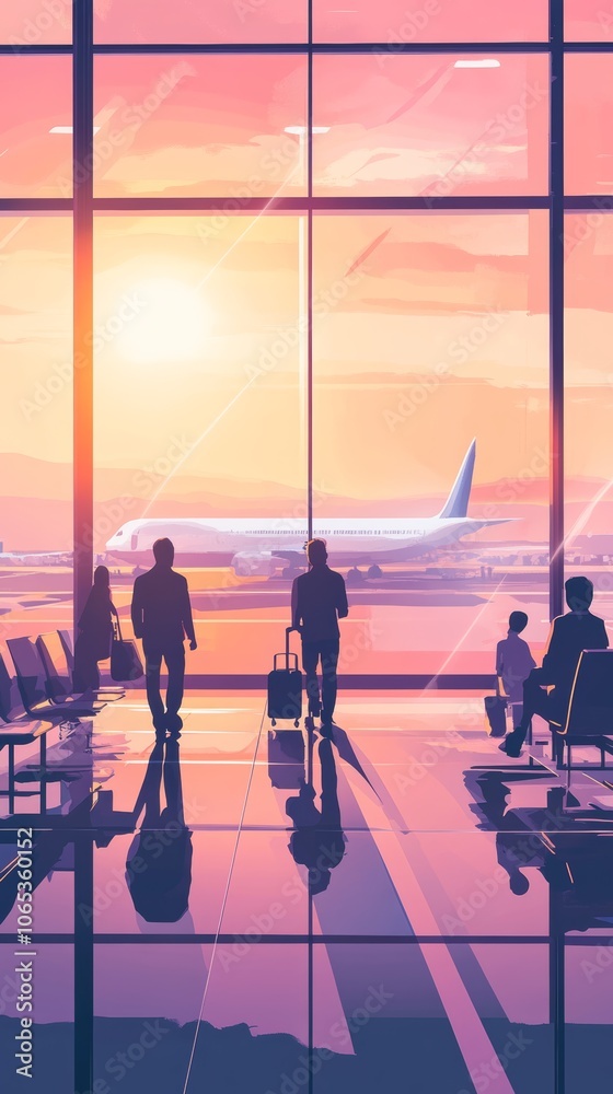 Poster travelers are going to the gate or waiting for their flight departure at the airport terminal with a