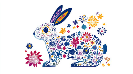 Obraz premium Colorful floral-patterned rabbit illustration with vibrant flowers and playful design, perfect for spring-themed projects or nature-inspired art.