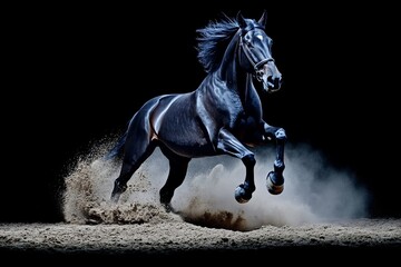 Obraz premium A powerful black horse gallops through a cloud of dust, showcasing its strength and grace against a dark background.