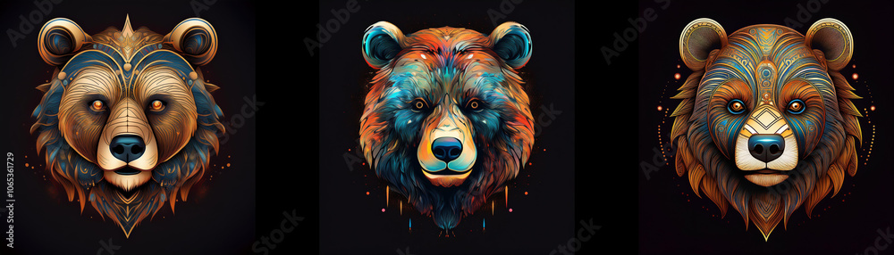 Poster three bear heads with colorful patterns against a black background.