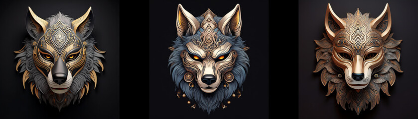Obraz premium Three intricately designed wolf masks, isolated against a black background.