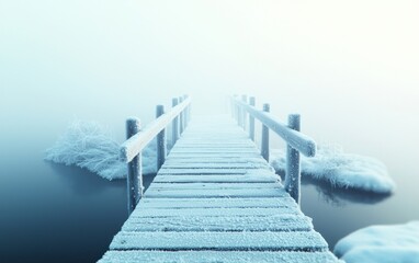 Obraz premium A serene wooden pier blanketed in frost, extending into a misty, ethereal lake, creating a tranquil winter scene.