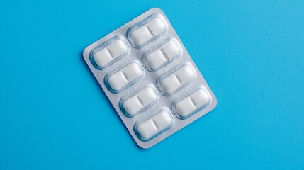 A blister pack of white medication tablets on a blue background.