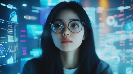 Innovative coding, futuristic digital interfaces. asian female data analyst working with big data. analysis, programming, scientist research, future technologies