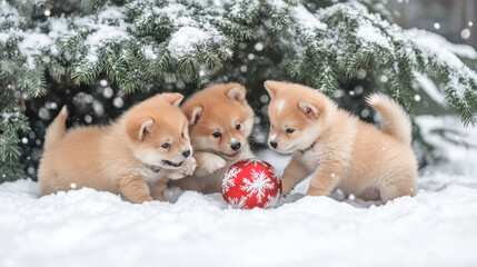 Three playful puppies playing with red ball in snow