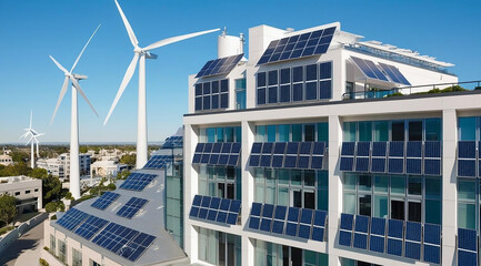 Modern building equipped with solar panels and wind turbines, showcasing renewable energy integration in urban architecture.