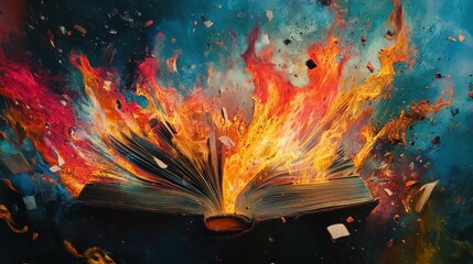 Obraz premium A burning book with flames that morph into ethereal