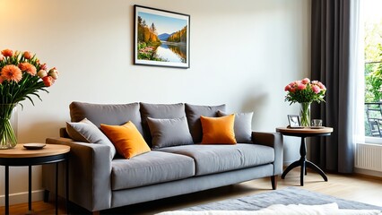 Fototapeta premium Modern living room with gray sofa and vibrant orange accents