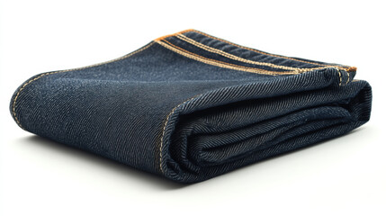 pair of blue jeans neatly folded on white background