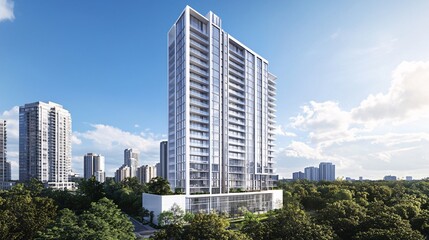 Fototapeta premium Modern high-rise residential building amidst greenery, showcasing contemporary design and urban living.