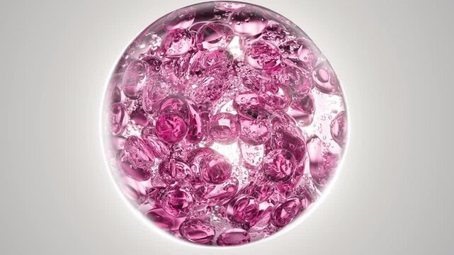 Pink serum with liquid bubbles in a 3D abstract background. Hydrating essence gel with collagen molecules. Moisturizing cream or oil for skincare and beauty.