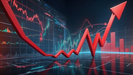 A red arrow moving upward with financial market charts on a blurred chart background, forex stock trading cryptocurrency bullish market finance money market 