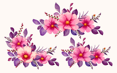 Elegant Watercolor Floral Bouquet Set for Wedding Invitations with pink and purple flowers