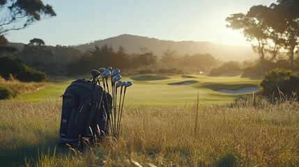 Obraz premium A golf bag with clubs sticking out, standing in a grassy field with a golf course in the background, at sunset.