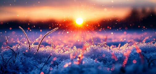 Sunrise over snow-covered grass field, creating a magical atmosphere with soft light and sparkling frost.