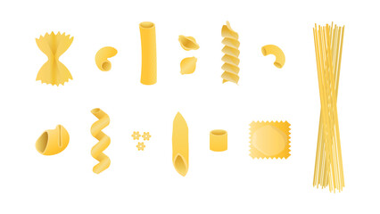 Different sorts of pasta. Set of different types of Italian pasta.Farfelle, ditalini, fusilli, conchigle rigate, penne, stelle, lumaconi, cavatappi,gomiti,elbow macaroni, ravioli,spaghetti,tortiglioni