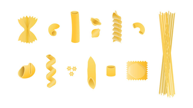 Different sorts of pasta. Set of different types of Italian pasta.Farfelle, ditalini, fusilli, conchigle rigate, penne, stelle, lumaconi, cavatappi,gomiti,elbow macaroni, ravioli,spaghetti,tortiglioni