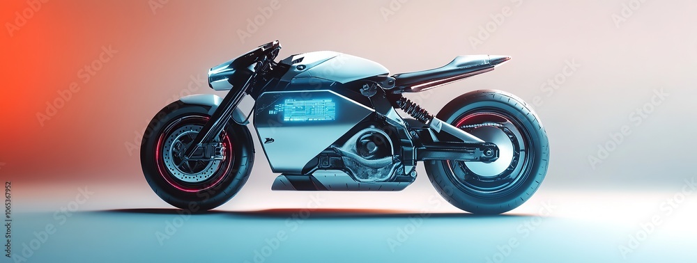 Poster 3d rendering of an electric motorcycle with data visualization elements in the background