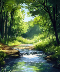 Tranquil forest stream flowing through lush greenery under sunlight illustration