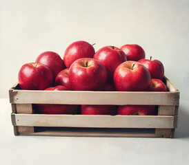 box of red apples on a table, against a white background with a paper texture