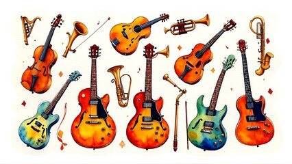 Naklejka premium Vibrant musical instrument collection with guitars and brass elements