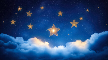 Fototapeta premium Magical starry night with glowing golden stars above dreamy clouds