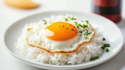 Fried egg on rice garnished with green onions, served on white plate. This simple yet delicious dish is perfect for any meal