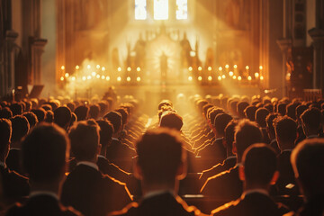 Church parishioners, seated in reverence on benches, participating in a traditional service of worship