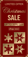 Naklejka premium christmas sale, template discount banner design with snowflake silhouette and text. elegant vector illustration to promote purchases in the winter season in classic red with gold for flyer, poster