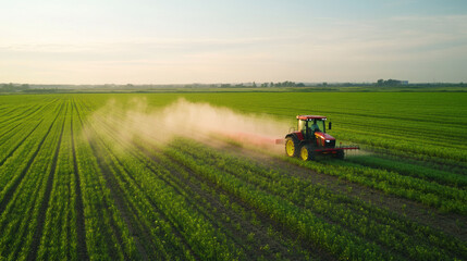 Fototapeta premium Spraying pesticide with tractor in green agricultural field, showcasing modern farming techniques and crop care