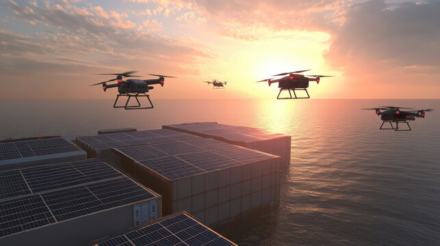 Solar powered drones delivering packages over water at sunset, showcasing innovation and sustainability in logistics. scene captures beauty of technology and nature harmoniously - Powered by Adobe