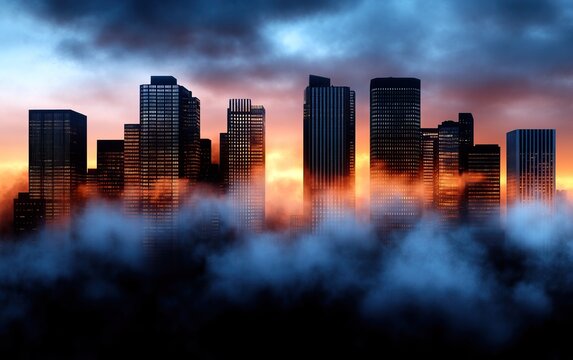 A dramatic city skyline emerges from fog against a colorful sunset, showcasing modern skyscrapers and a moody atmosphere.