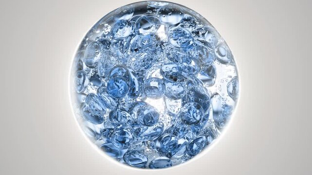 Blue cosmetic serum with liquid bubbles in a 3D abstract background. Hydrating essence gel enriched with collagen molecules. Moisturizing cream or oil for advanced skincare, beauty, and skin health. 