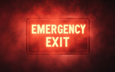 A bright red "Emergency Exit" sign illuminates in a smoky background, indicating a critical escape route in a hazardous situation.