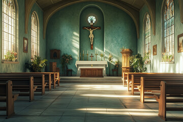 Sunlit Church Interior with Floral Decor