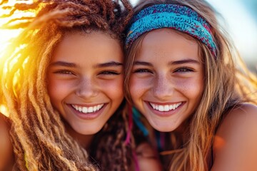 Fototapeta premium Two friends with sunlit hair, radiant smiles, and sunny dispositions, enjoying a carefree day at the beach, surrounded by natural beauty and endless happiness.