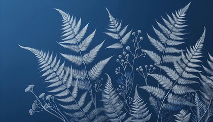 Naklejka premium Delicate sketches of silver ferns on a deep blue backdrop,generative ai