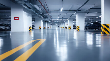 A spacious modern underground parking garage with bright lighting and clear marking in an urban area during the daytime