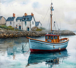 Fishing barge on the background of an ancient city.